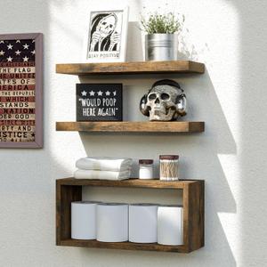 RICHER HOUSE Floating Shelves Set of 3, Modern Bathroom Shelves Wall Mounted Shelves with Invisible Brackets Over Toilet, Rustic Wall Shelves for Bathroom Bedroom, Living Room, Kitchen - Brown (2+1)
