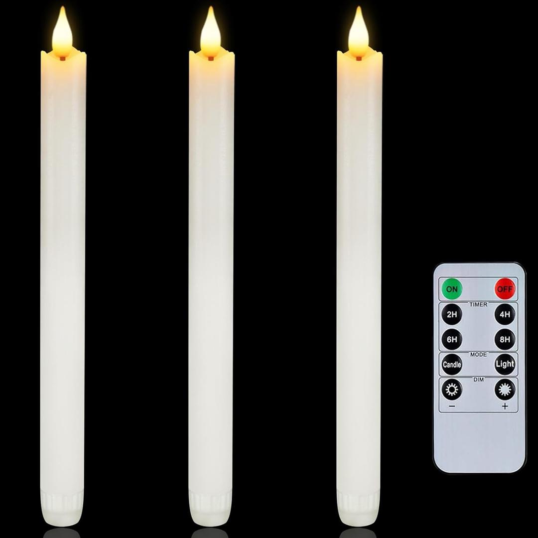 Homemory 3 Pcs Waxy Flameless Taper Candles with Remote, Flickering Battery Operated Taper Candles, Led Flameless Candlesticks Classic Tall Candle for Home, Wedding, Party, White, 9.6 inches
