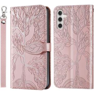 Case for Samsung Galaxy S24 FE, PU Leather Flip Shell with Card Slots Magnetic Closure Strap Hand Shockproof Kickstand Case for Samsung Galaxy S24 FE 6.7 Inch, Rose Gold