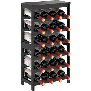 6 Tier Bamboo Rack Freestanding Floor, 24 Bottles Storage Shelves with Table Top, Stackable Display Rack for Kitchen, Bar, Dining Room, Black