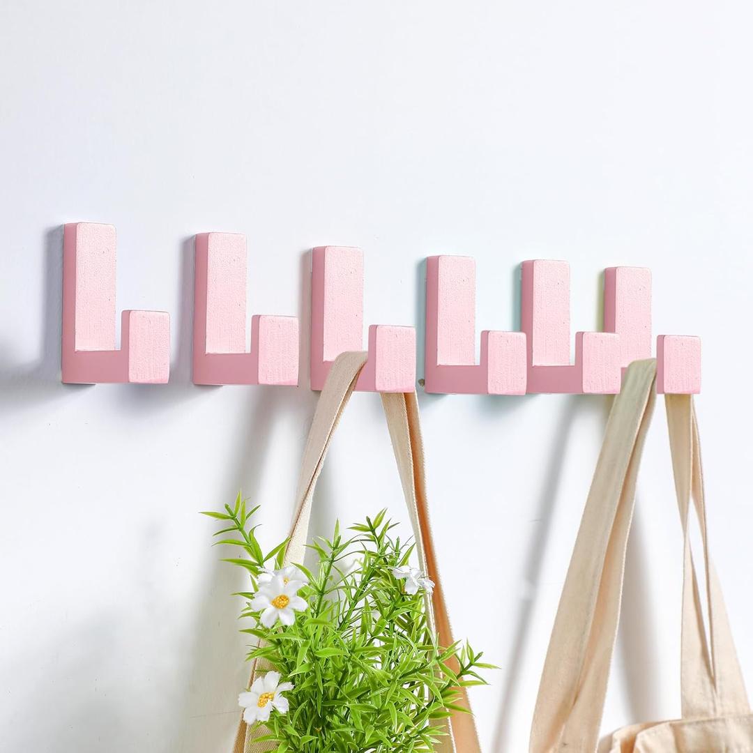 Teenyyou 6 Pack Cute Kids Coat Wall Hooks Wooden Adhesive Decorative Colorful Wall Mounted Hangers Backpack Hooks for Hanging Keys Towel Clothes Bathroom Organization(Pink)