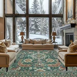Area Rugs for Living Room 0.24inch Low Pile Faux Wool Bedroom Rug TPR Anti-Slip Backing Carpet Vintage Soft Rugs for Dining Room décor Machine Washable (Green Rust, 8 * 10)