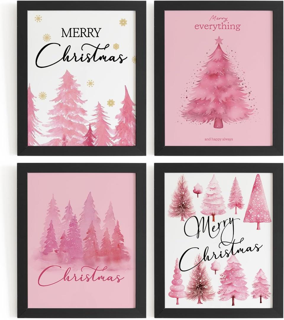 DSHFG Pink Christmas Tree Pictures Wall Decor Prints, Pink Christmas Bathroom Bedroom Wall Art Posters, Xmas Decorations for Home Bathroom Bedroom Living Room 4Pcs, 8x10 Unframed