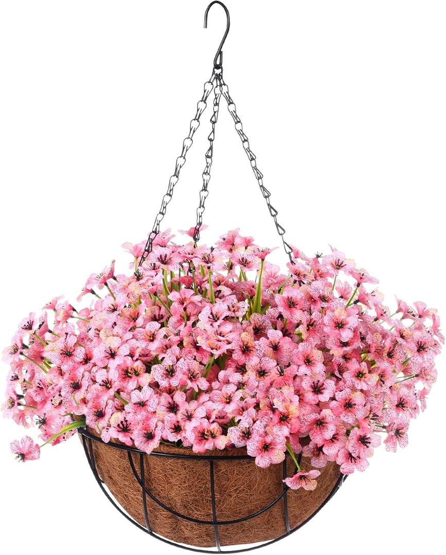 Artificial Spring Hanging Flowers in Basket for Home Decoration Faux Orchid Arrangement Porch Plants Coconut Lining Basket for Autumn Courtyard Decor(Pink, 1 Pack)