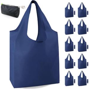 BeeGreen Navy Blue Reusable Grocery Bags Bulk 10 Packs, Kitchen Reusable Shopping Bags 50LBS Large, Machine Washable Durable, Easily Foldable with a Storage Bag