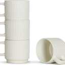 Stackable Coffee Mugs Set of 4, 7 OZ Espresso Ceramics Cups for Latte Cappuccino Cocoa with Handle, Beige (White)