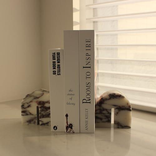 Natural Calacatta Viola Marble Bookends for Shelves, Decorative Book Ends for Heavy Books, Book Stopper Office Bookshelf Decor for CDs/Video Games