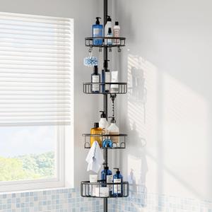 Corner Shower Caddy Tension Pole: Stainless Steel Rustproof 4-Tier Shower Organizer - 47-121 inch Adjustable Bathroom Shelves for Bathtub Shampoo Storage - Tension Rod Floor Standing Bath Rack - Black Corner Shower Caddy Tension Pole: Stainless Steel Rustproof 4-Tier Shower Organizer - 47-121 inch Adjustable Bathroom Shelves for Bathtub Shampoo Storage - Tension Rod Floor Standing Bath Rack - Black