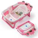 Baby Bathtub,Collapsible Baby Bath Tub with Soft Cushion & Thermometer, Space Saving Foldable & Travel Newborn Bathtub for Infant to Toddler 0-36 Months, Frog Pink
