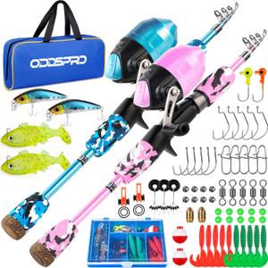 ODDSPRO Kids Fishing Pole Pink, Portable Telescopic Fishing Rod and Reel Combo Kit - with Spincast Fishing Reel Tackle Box for Girls, Youth (1.5M 4.92Ft, 2 pack (Blue+Light Pink))