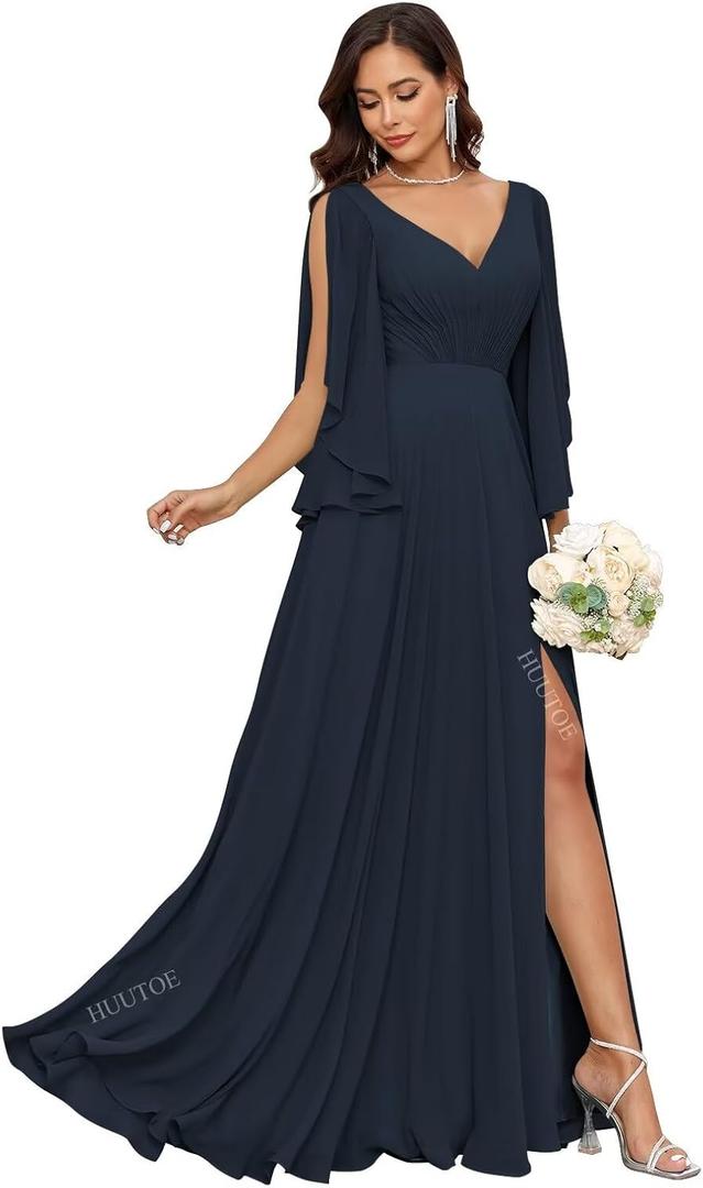 Women's Chiffon Mother of The Bride Dresses for Wedding V Neck Bridesmaid Dress with Sleeves Formal Evening Party Gown (Black)