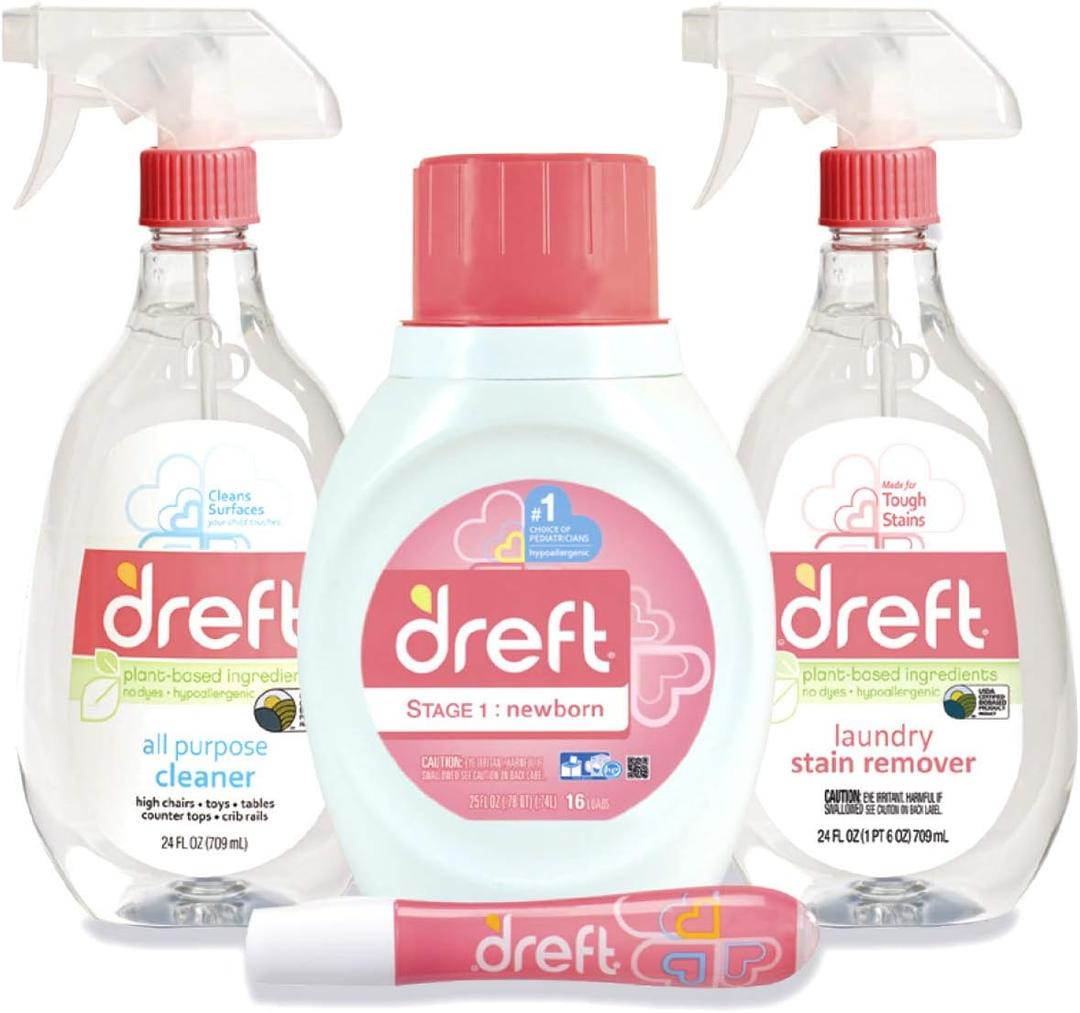 Dreft bundle of bliss Gist pack 1 bottle detergent 1 pt 9 oz, 1 bottle stain remover 1 pt 8 oz,  2 bottles cleaner 3 fl oz, total 6 fl oz, 2 packages scent beads - each 1 use