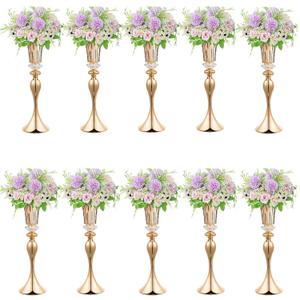 10Pcs/Set Flower Centerpiece Table Decorations Gold Trumpet Vases with Crystal Bead for Wedding Centerpieces Birthday Party Event Home Decor