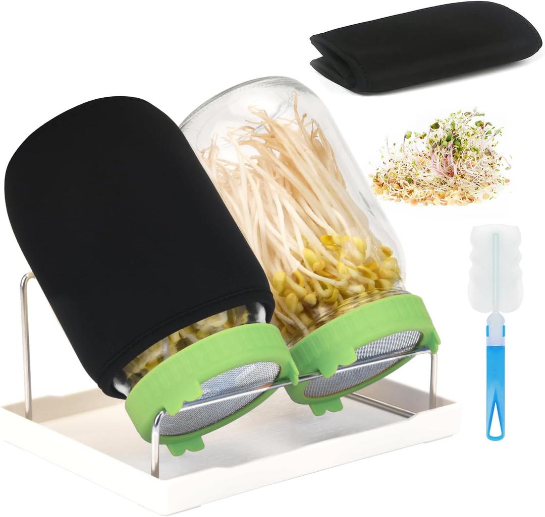 Lulonpon Sprouting Kit, 2 Sprouting Jar Kits, Wide Mouth Quart Mason Jars with Stainless Steel Screen Sprout Lids,1000ml Sprouts Growing Kit, Seed Sprouter Set for Growing Broccoli, Bean, Alfalfa