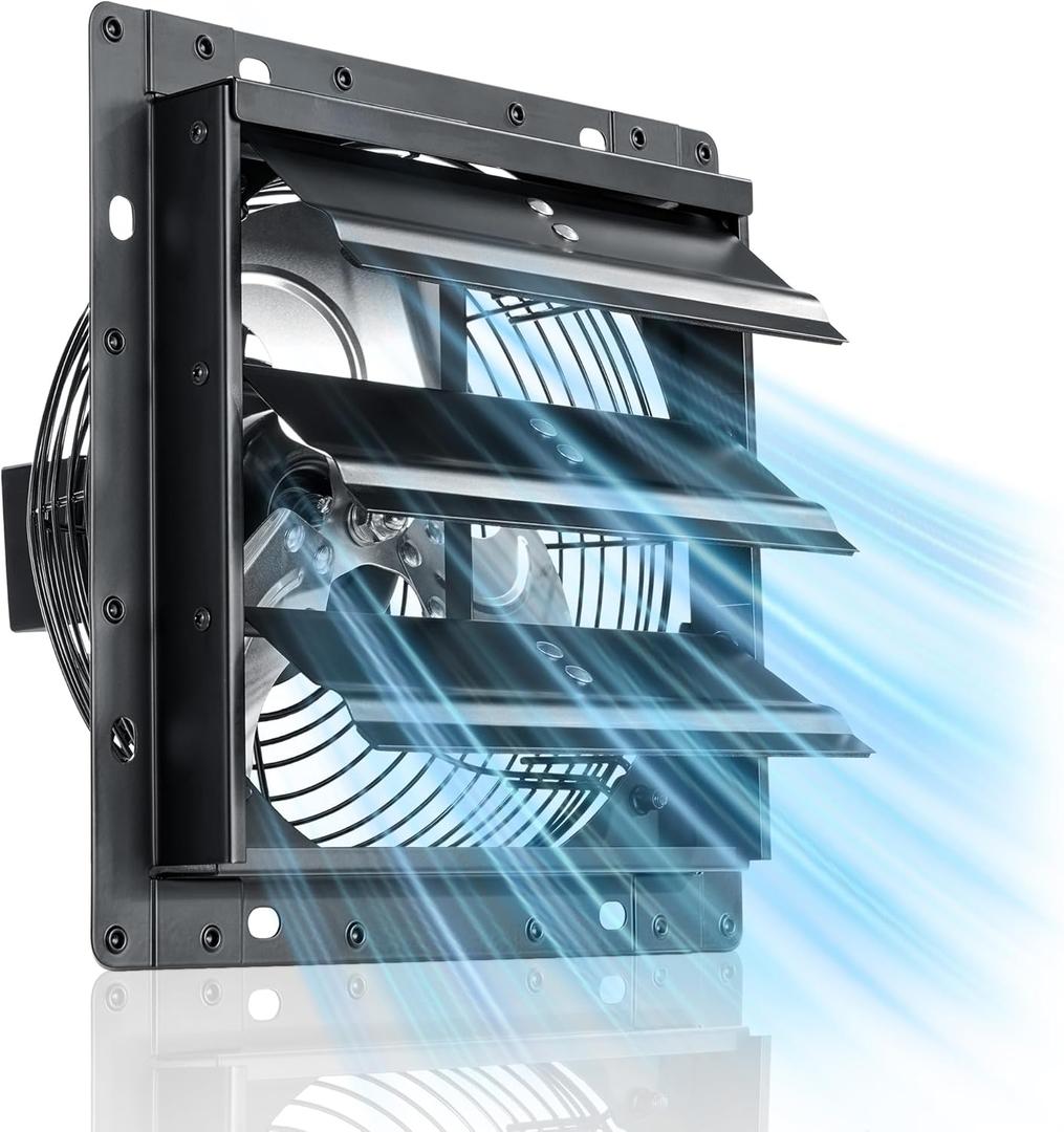 8 Inch Shutter Exhaust Fan, 760 CFM High-Speed Wall Mounted Exhaust Fan, 40dB Quiet Cooling Ventilation Attic Fan for Shed, Garage, Greenhouse, Basement, Chicken Coop, Generator Room, Black