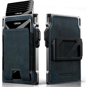LORZOR Slim Tactical Wallet - Front Pocket Mens Minimalist Wallet, Smart Pop up Card Case, Full Grain Leather Credit Card Holder RFID Blue Wallet