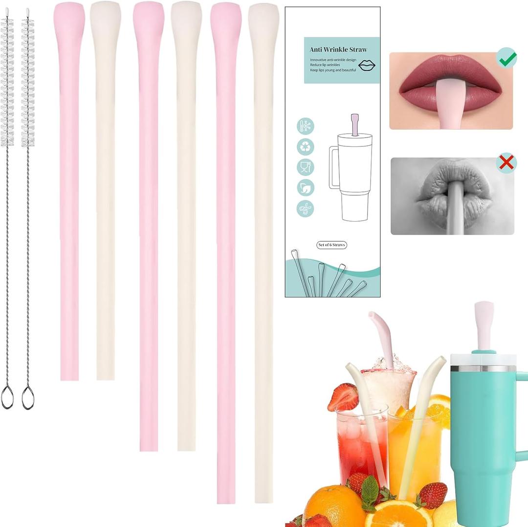 Anti Wrinkle Straw Set of 6 - Straw for Lip Wrinkles Prevention, Reusable Straws Compatible with Stanley 40 oz & 30 oz Tumblers, Perfect for Lip Filler Users to Maintain Wrinkle-Free Smiles (Cream,Pink)