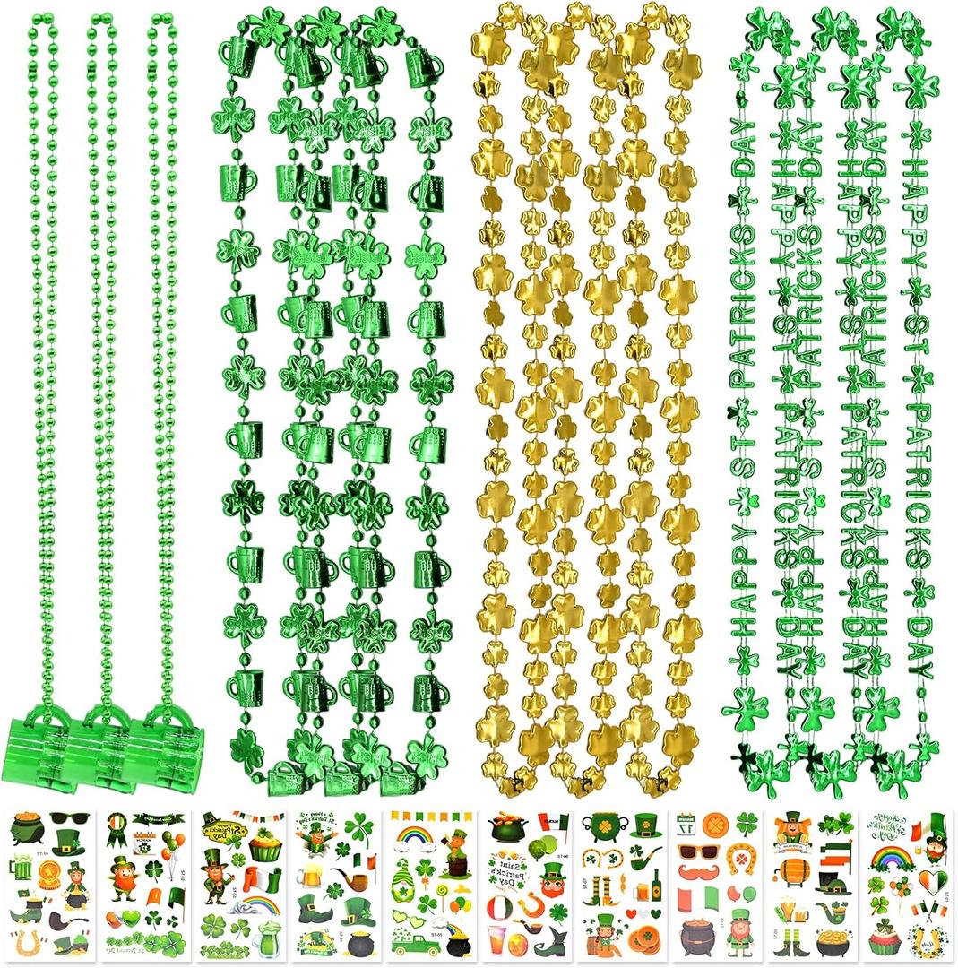 12 Pcs St. Patrick's Day Party Favors Set, Green Beads Necklaces with Shamrock and Beer Mug Designs for Kids and Adults, Plus 10 Sheets Irish Leprechaun Clover Tattoo Stickers for Festive Celebrations