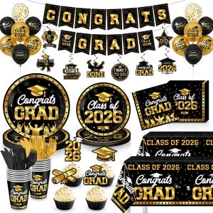 Graduation Decorations 2026, Black and Gold Graduation Party Tableware Supplies for 25 Guests, Disposable Plates Napkins Cups Cutlery Tablecloth and Congrats Grad Banner for Grad Party Decorations