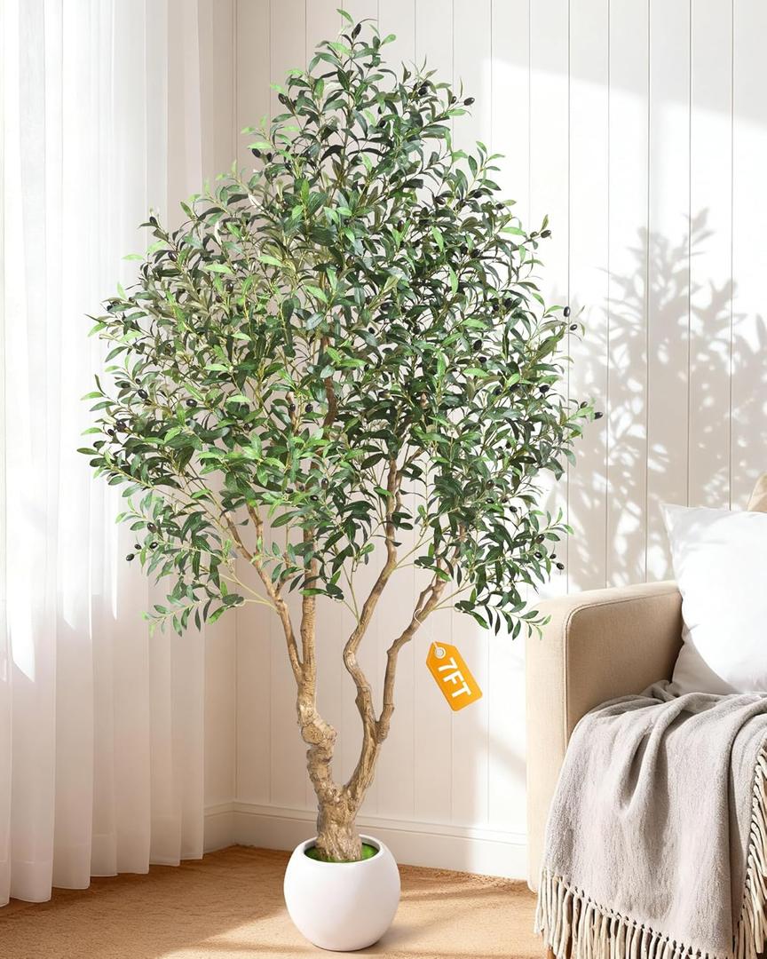7 FT Tall Faux Olive Tree, Look Real Fake Olive Tree with 4 Natural Thick Trunks & Weighted Pot, Olive Trees Artificial Indoor with Lusher & Fuller Leaves for Indoor Home Office Living Room Outdoor