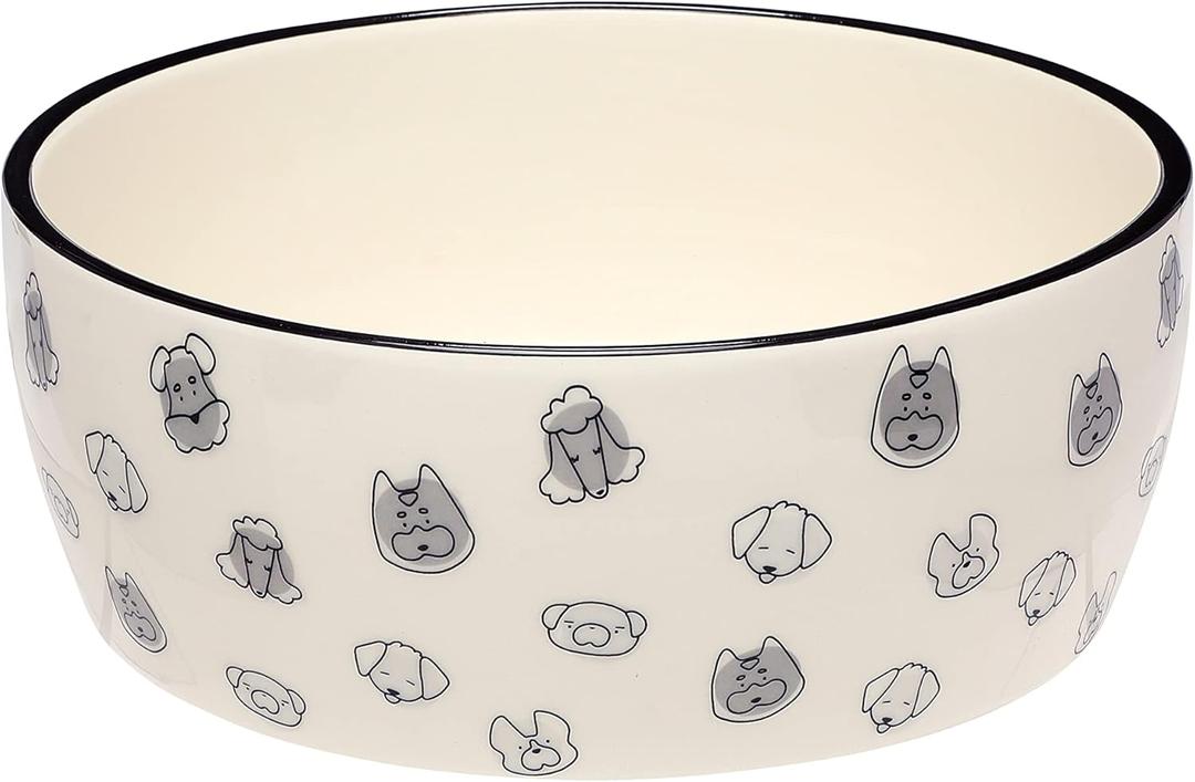 Pearhead Dog Faces Pattern Ceramic Pet Bowl, Holds 9 Cups, XL Water and Food Dish, Microwave and Dishwasher Safe, Large