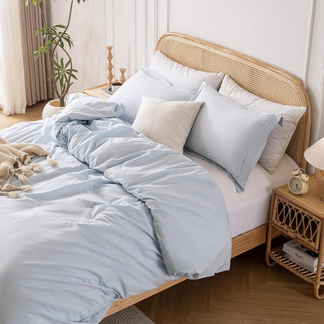 Yibeizi Light Blue 100% Washed Cotton Linen Like Duvet Cover Set Queen Size, 3 Pieces, 1 Duvet Cover 90x90 Inches and 2 Pillow Shams, Soft Breathable Comforter Covers Zipper Closure