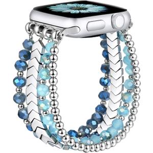 fastgo Bracelet Band Beaded Compatible with Apple Watch 38mm 40mm 41mm 42mm 44mm 45mm 49mm Women, Fashion Elastic Stretch Strap Bands for Iwatch SE & Series 9 Ultra 8 7 6 5 4 3 2 1(Blue/Silver,S/M)