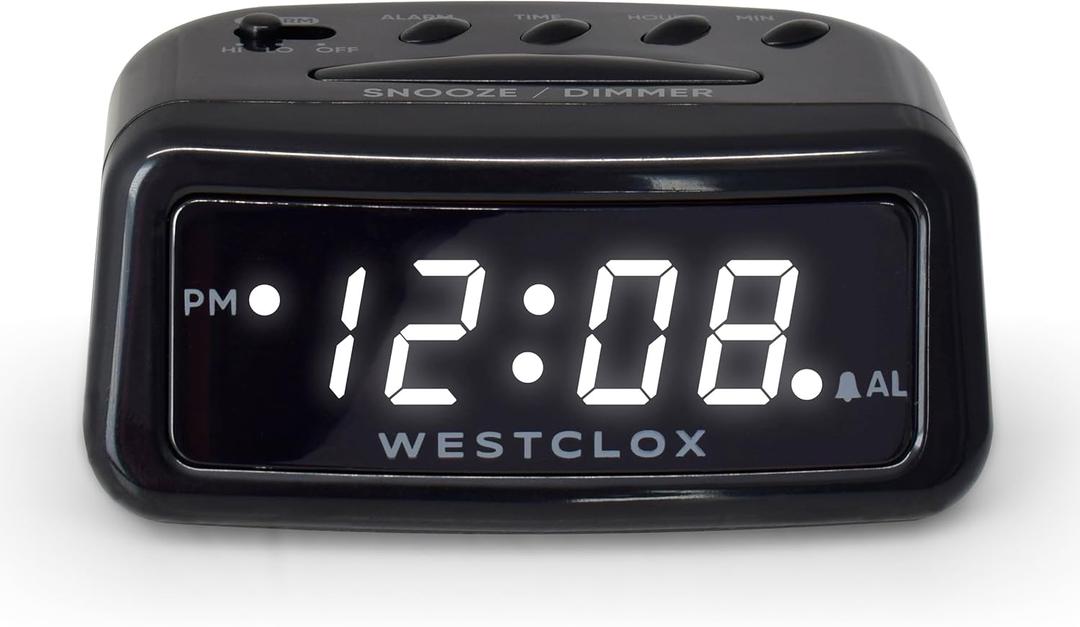 Westclox Digital LED Alarm Clock  Large Display, Electric with Battery Backup, Snooze Function, Dimmable Brightness, Compact for Home & Office (Black)