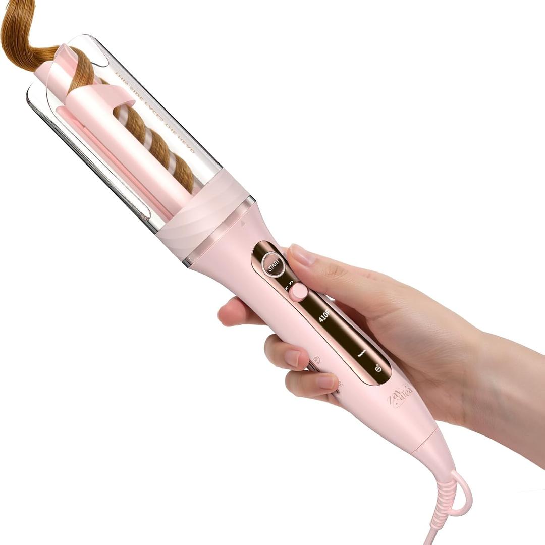 ZAVAREA Automatic Rotating Curling Iron for Long Hair - 1 Inch Curling Wand for Beach Waves & Loose Curls, Easy Hair Curler for Beginners, Anti-Scald & Frizz-Free, Dual Voltage for Travel (Pink)