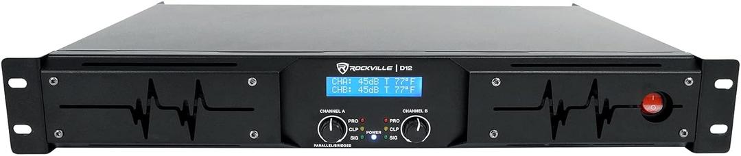 Rockville D12 5000W Peak/1400W RMS 2-Channel Class D Amplifier, LCD Display, Crossover Switch, Rack-Mountable, 4/8 Ohm Power Output, for DJs and Live Sound