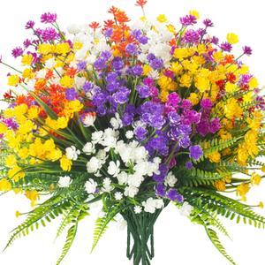 Grunyia 24 Bundles Artificial Flowers for Outdoor Decoration UV Resistant Fake Plastic Plants Faux Boston Fern Artificial Greenery for Summer Indoor Outdoor Garden Patio Window Box Kitchen Home Decor