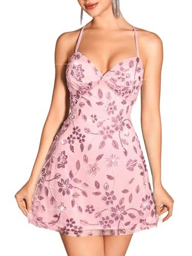 ShawGobow Beaded Sequin Dress,Backless Floral Mini Dresses for Women,Homecoming Cocktail Party Sparkly Outfits Pink Large