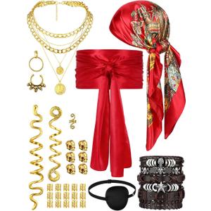 31 Pieces Pirate Costume Women Accessories Pirate Hat Head Scarf Sash Belt Renaissance Necklace Earrings for Party (Plus Size, Red Print, Gold)