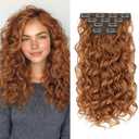 Curly Clip In Hair Extensions, 4PCS 16 Inch Ginger Copper Extensions Clip Ins, Lace Weft Short Curly Invisible Natural Hairpieces for Women