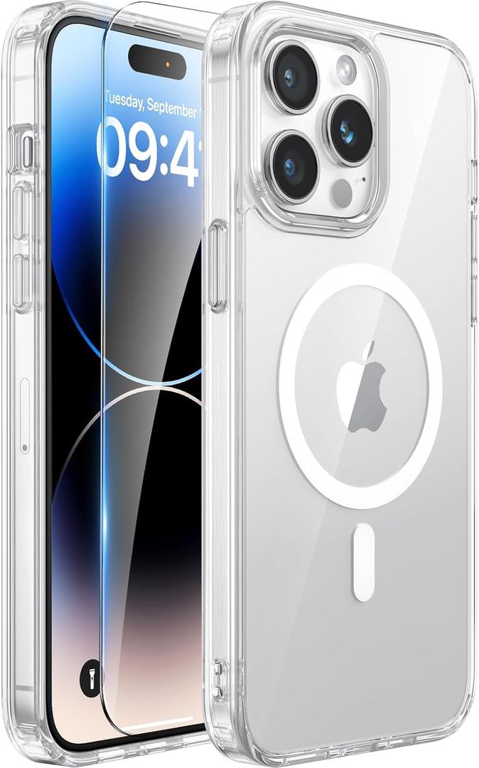 Miracase Magnetic for iPhone 14 Pro Max Case with Screen Protector, Compatible with MagSafe Accessories [Not Yellowing], Shockproof Slim Phone Case for iPhone 14 Pro Max, Clear Magnetic