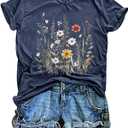 Women's T-Shirts Vintage Boho Sun Flowers Graphic Tees Cute Wildflowers Shirts Casual Summer Short Sleeve Tops (Medium, Blue)