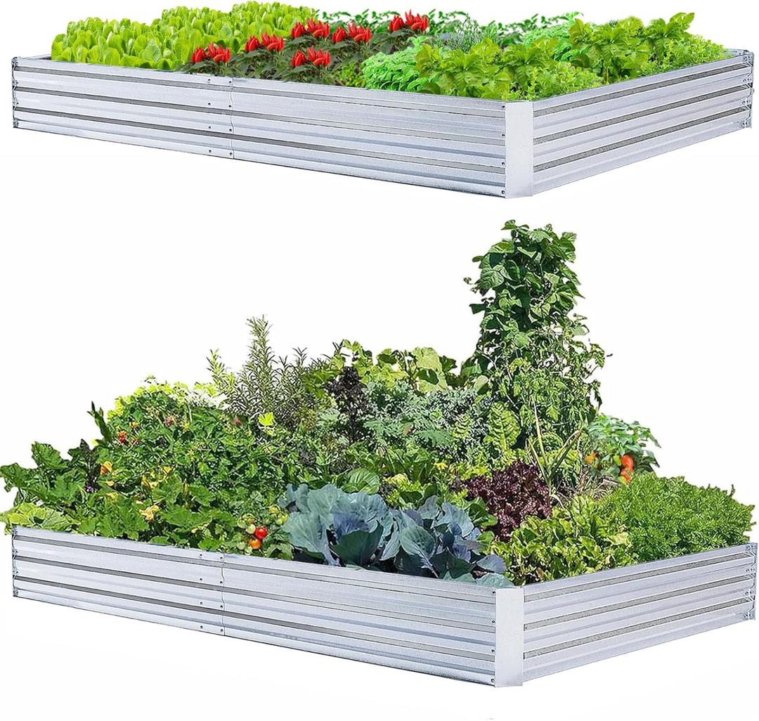 Galvanized Raised Garden Beds 2-Pack (8x4x1ft Each)  Overlapping 4-Inch Panels + 4 Support Bars, Heavy-Duty Metal Planter Box for Vegetables, Herbs, Flowers, No-Deformation Steel Garden Kit
