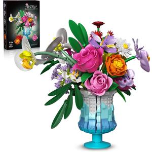 Roses Flowers Bouquet Building Set, Artificial Flore with Vase Compatible with Lego Botanical Collection for Women Adults Girls Home Office Decor (Blue)