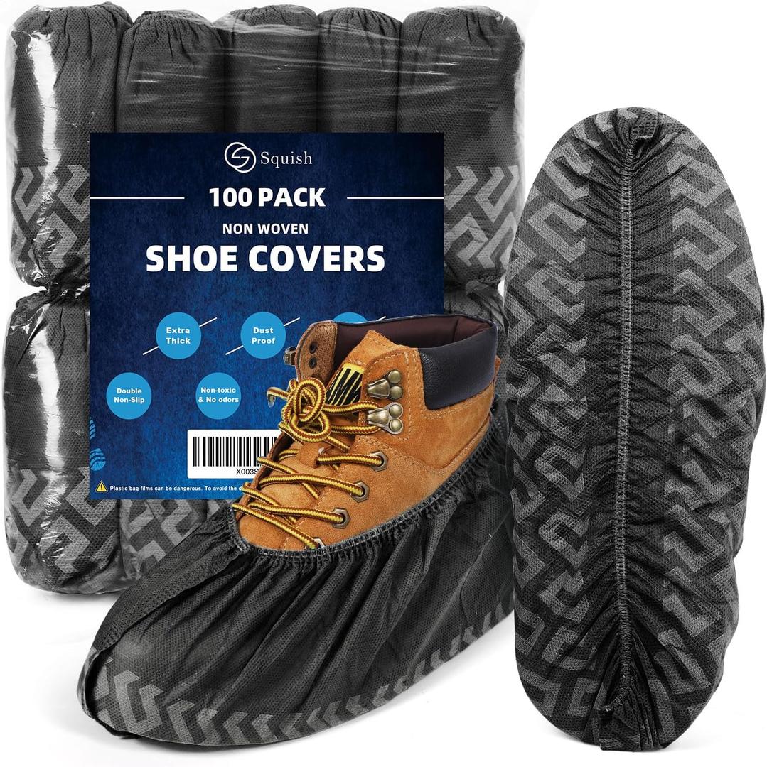 squish Shoe Covers Disposable Non Slip, 100 Pack(50 pairs) Thick Extra Disposable Boot Covers Slip Proof Shoe Cover for Indoors Outdoors Recyclable Durable Protector Covers Fits Virtually Most Shoes (Black)