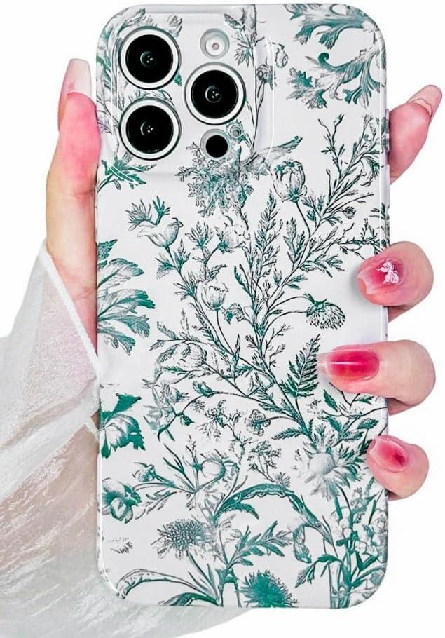 Compatible with iPhone 16 Pro MaxCase Vintage Green Floral Pattern, Cute Trendy Soft TPU Silicone Shockproof Full Camera Protection Cover Designed for Women Girls Boy Men Aesthetic (Green)
