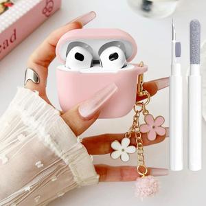 OTOPO Cute Pink Case for Airpods 3rd Generation Cover for Girl Women with Pom pom Flower Keychain & Cleaner Kit, Soft Silicone Protective Skin for Airpods 3rd Gen Case 2021, Pink