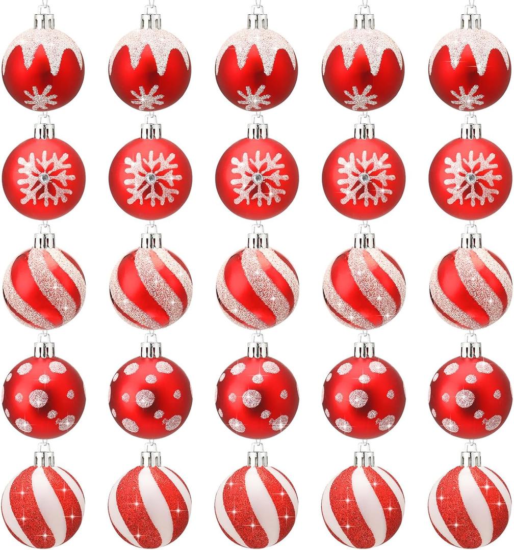 Jenaai 25 Pieces 1.6 Inch Red and White Balls Glittering Christmas Ornaments - Peppermint Candy Dots Stripes Hanging Decorations for Xmas Tree, 5 Styles