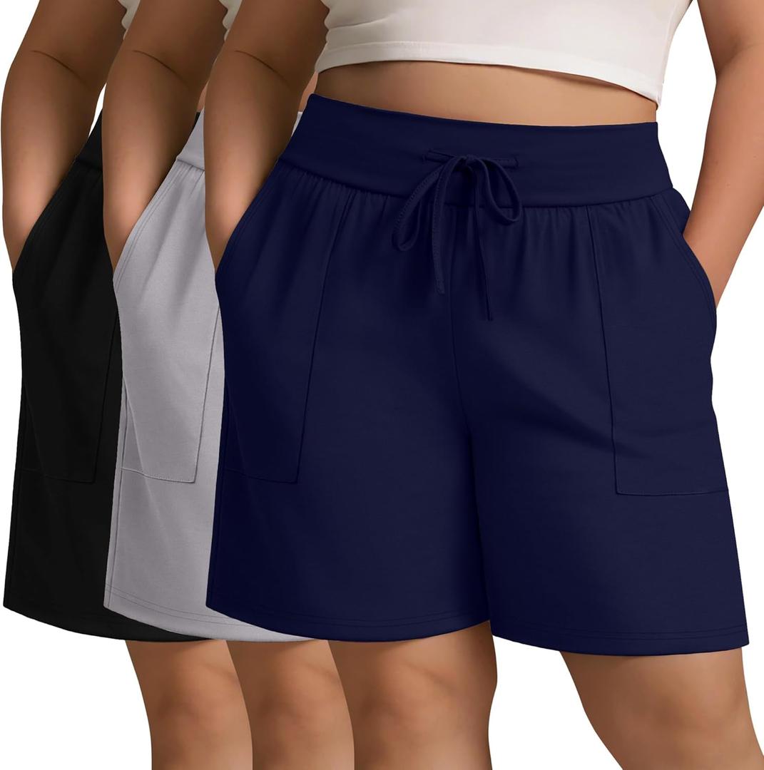 3 Pack Women's Plus Size Shorts, Drawstring Sweat Shorts Loose Lounge Running Athletic Shorts with Pockets (2X-Large, Black, Navy Blue, Light Gray)