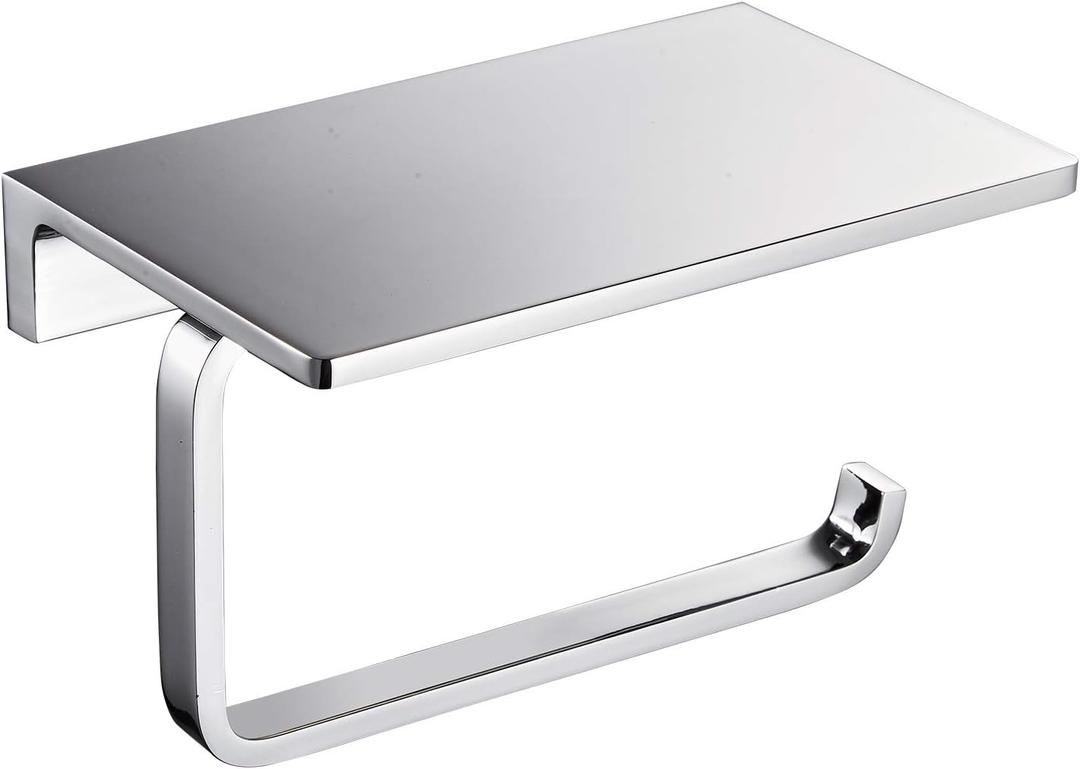 Toilet Roll Paper Holder for Bathroom Solid Brass and Superior Hotel Style Tissue Roll Holder with Cell Phone Storage Polished Chrome Finished