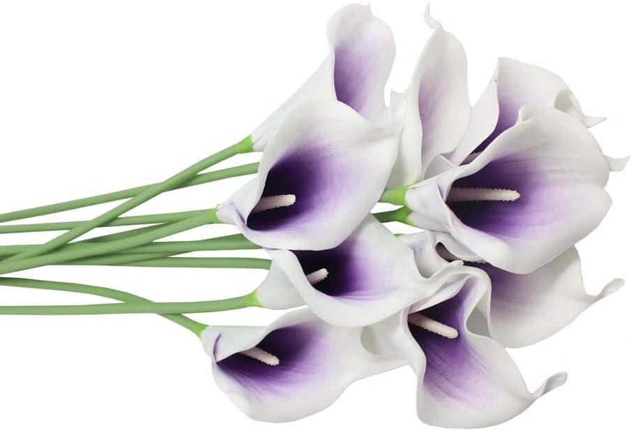 10 Heads Mini Calla Lily Bridal Wedding Bouquet Real Touch Flower Bouquets for Home Party Decoration (Purple& White)