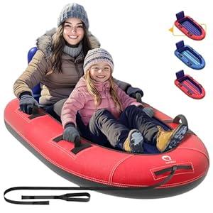 QPAU Snow Sled with Premium Canvas Cover, 2 Person Inflatable Heavy Duty Snow Tube with Reinforced Handles, Snow Sleds for Kids and Adults, Winter Toboggan Outdoor Toys Gifts for Family (Red&Blue)