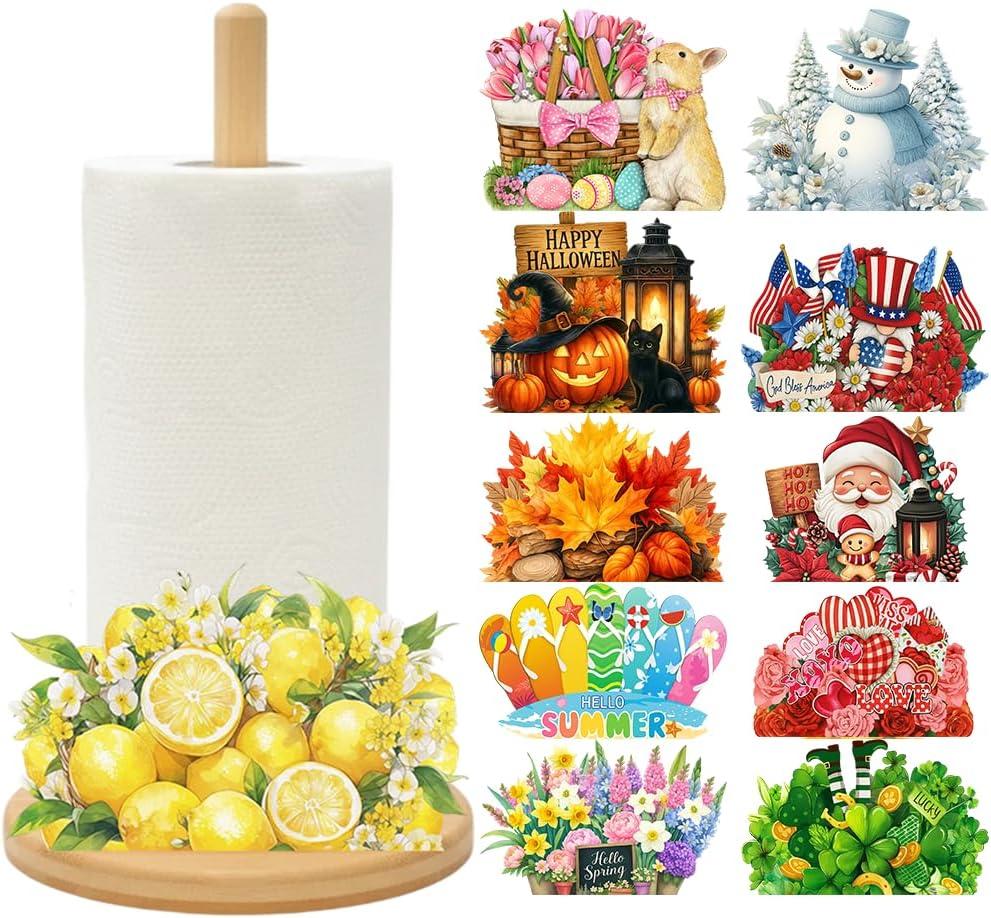 Bamboo Paper Towel Holder with 11 Set Interchangeable Holiday Signs, Rustic Kitchen Decor | Seasonal Countertop Stand for Christmas,Spring,Summer,Fall,Winter,Valentine's Day,Easter,Halloween,