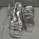 Modatope Women Heeled Sandals Strappy Heels Square Open Toe Chunky Block Heels Ankle Strap Sandals for Women Comfortable Heels (9, Silver)