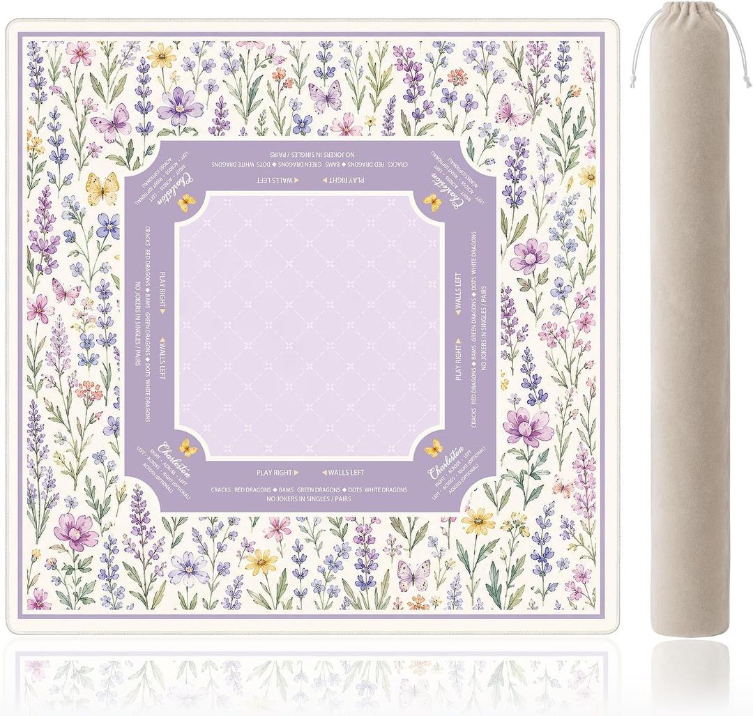 Lavender Butterfly Floral Mahjong Mat for Table with Rules | 31.5x31.5 Inch; waterproof neoprene surface, non-slip backing, printed guide for easy purple cottage garden mahjong play
