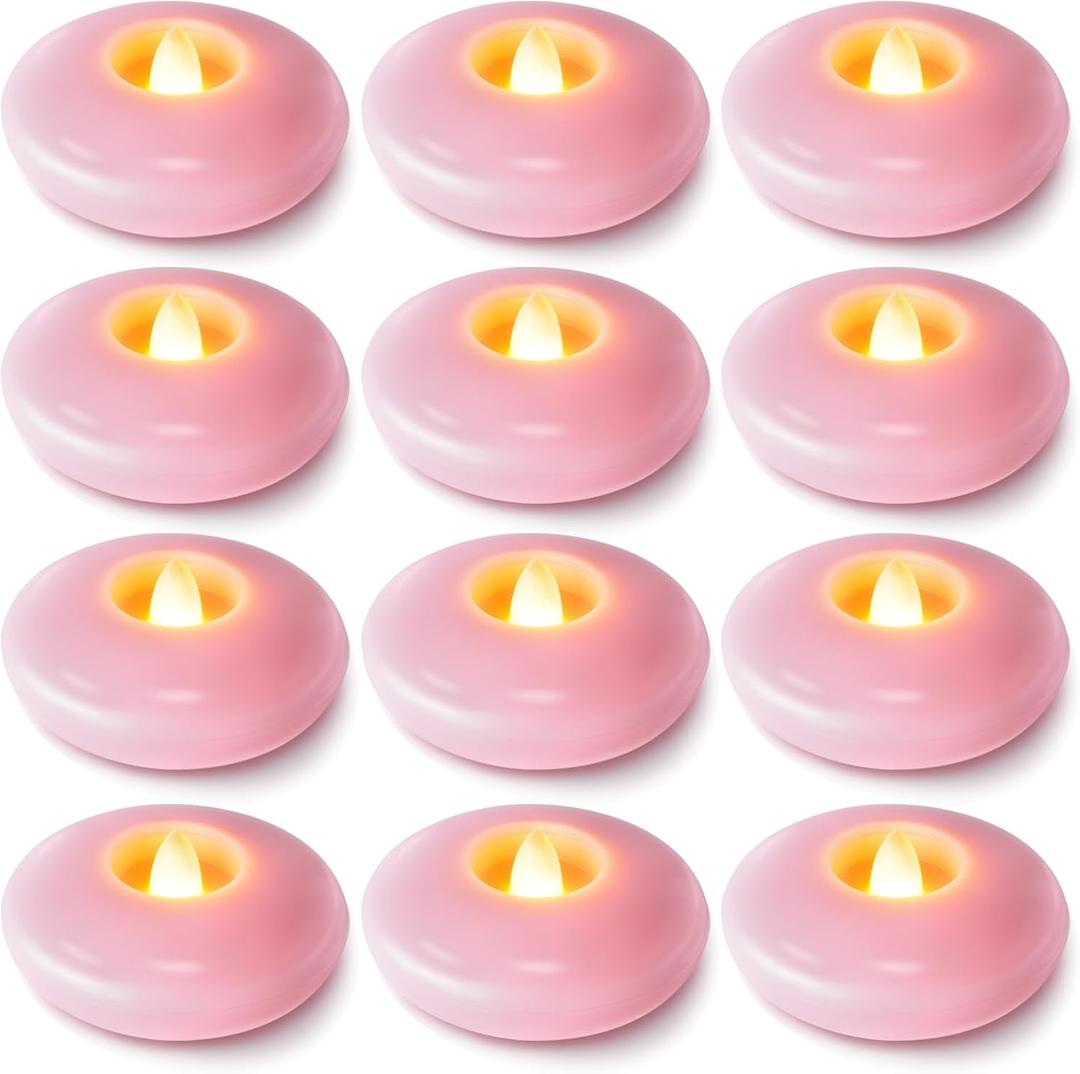 Homemory 12 Pack 3 Flameless Led Floating Candles, 200 Hour Pink Battery Operate Waterproof Tealights for Cylinder Vases, Centerpieces at Wedding Decor, Party, Pool